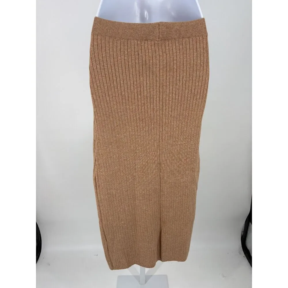 Camel Ribbed Knit Midi Skirt Women’s Bodycon Sweater Skirt High Waist Slit Hem